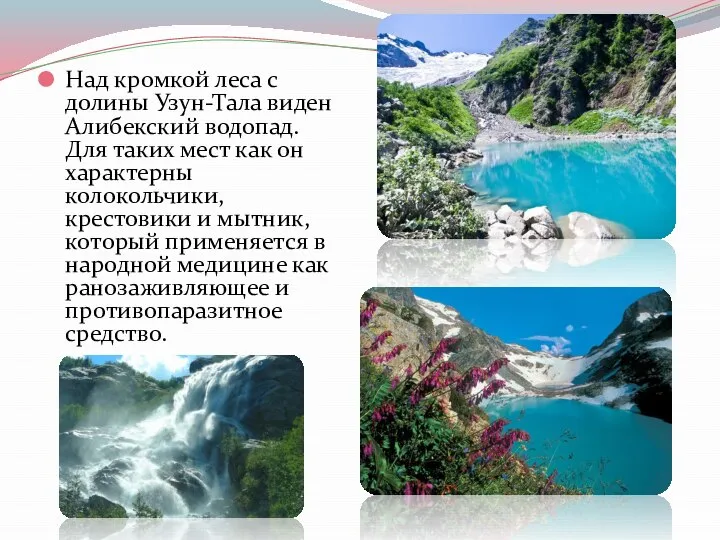 Над кромкой леса с долины Узун-Тала виден Алибекский водопад. Для таких