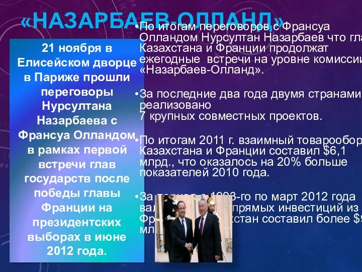 «Назарбаев-Олланд» 21 ноября в Елисейском дворце в Париже прошли переговоры Нурсултана