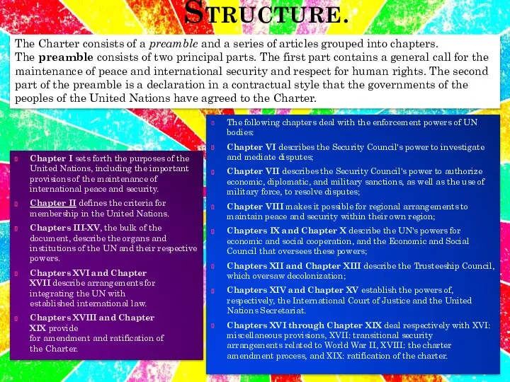 Structure. Chapter I sets forth the purposes of the United Nations,