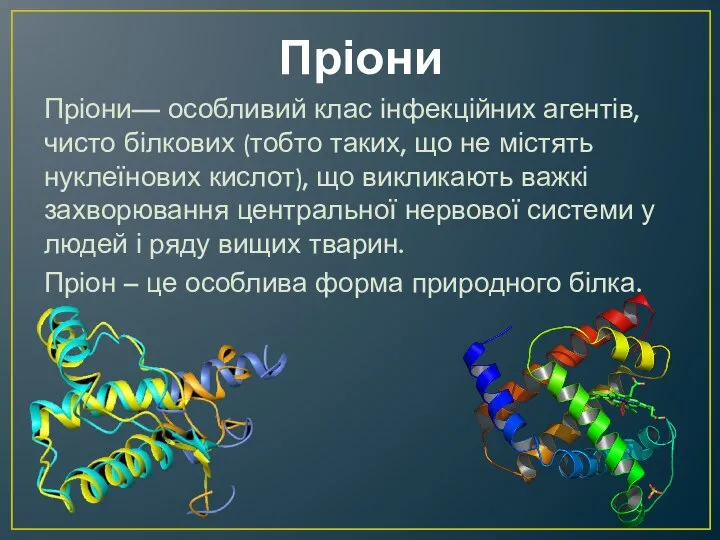 Пріони Пріони— особливий клас інфекційних агентів, чисто білкових (тобто таких, що