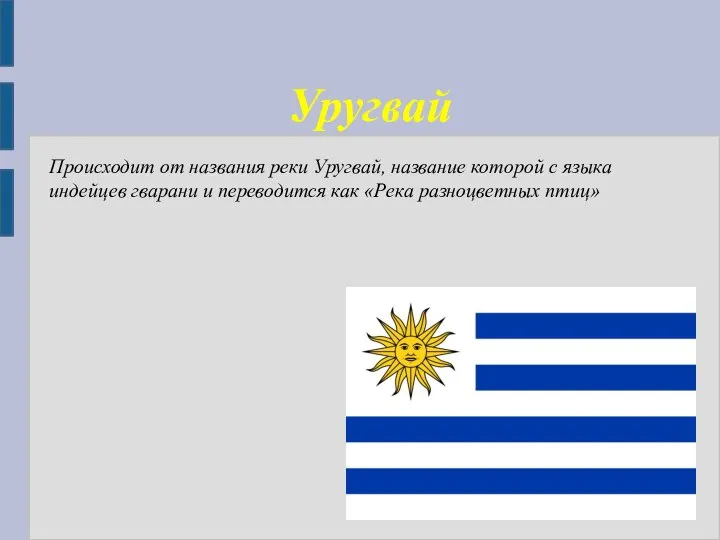 Происходит от названия реки Уругвай, название которой с языка индейцев гварани