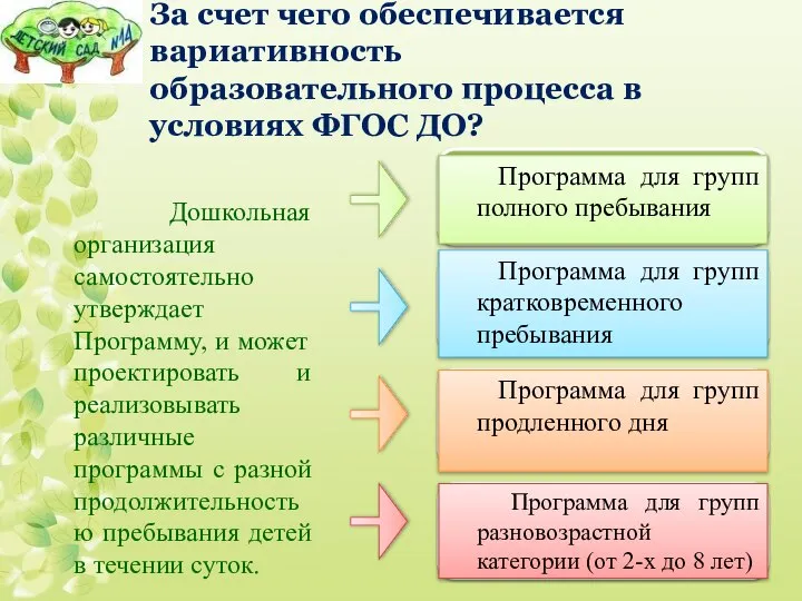 За счет чего обеспечивается вариативность образовательного процесса в условиях ФГОС ДО?