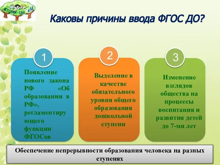 Каковы причины ввода ФГОС ДО? Появление нового закона РФ «Об образовании