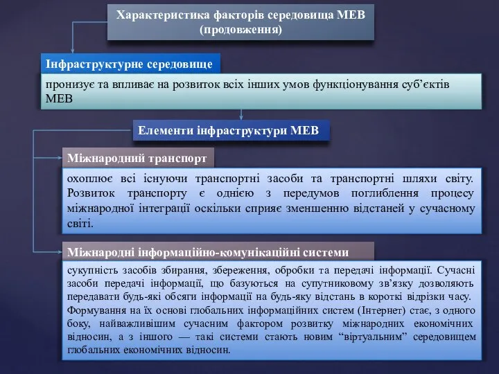 Характеристика факторів середовища МЕВ (продовження) Інфраструктурне середовище пронизує та впливає на