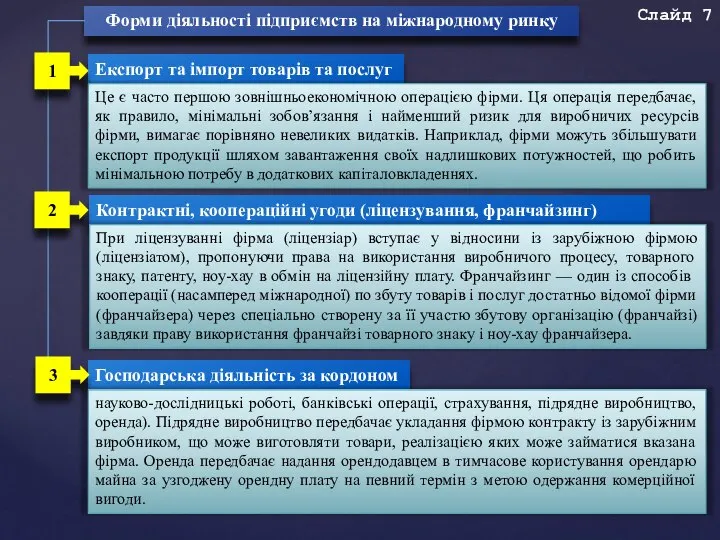 Слайд 7 Форми діяльності підприємств на міжнародному ринку Експорт та імпорт