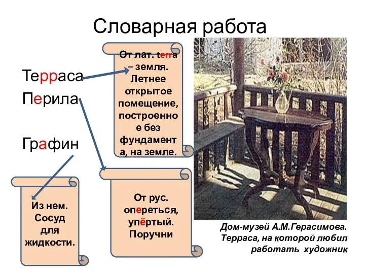 Словарная работа Терраса Перила Графин Дом-музей А.М.Герасимова. Терраса, на которой любил