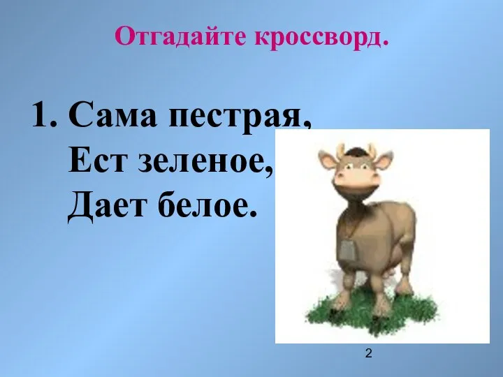 Отгадайте кроссворд. 1. Сама пестрая, Ест зеленое, Дает белое.