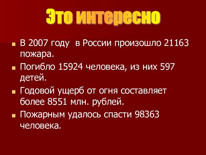 В 2007 году в России произошло 21163 пожара. Погибло 15924 человека,