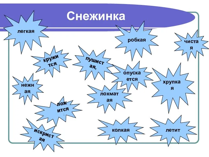 Снежинка легкая хрупкая робкая чистая колкая искристая нежная, пушистая, лохматая кружится, опускается ложится; летит