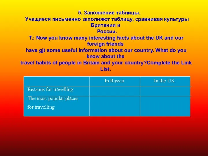 5. Заполнение таблицы. Учащиеся письменно заполняют таблицу, сравнивая культуры Британии и