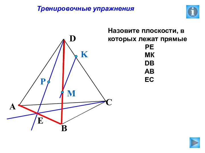 Тренировочные упражнения Назовите плоскости, в которых лежат прямые РЕ МК DB