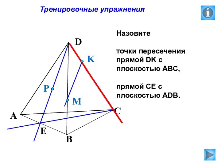 Тренировочные упражнения Назовите точки пересечения прямой DK с плоскостью АВС, прямой