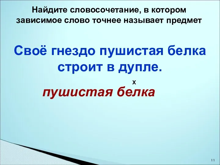 Своё гнездо пушистая белка строит в дупле. Найдите словосочетание, в котором