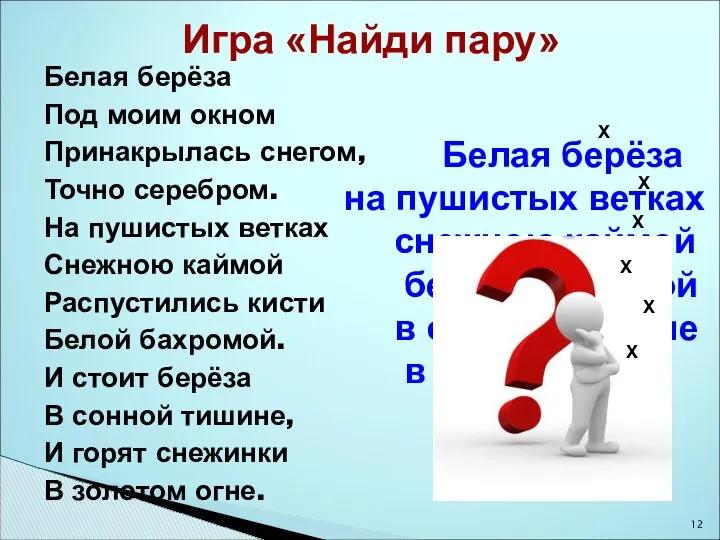 Белая берёза Под моим окном Принакрылась снегом, Точно серебром. На пушистых