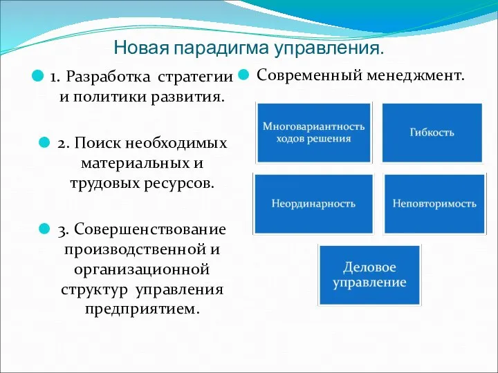 Новая парадигма управления. 1. Разработка стратегии и политики развития. 2. Поиск