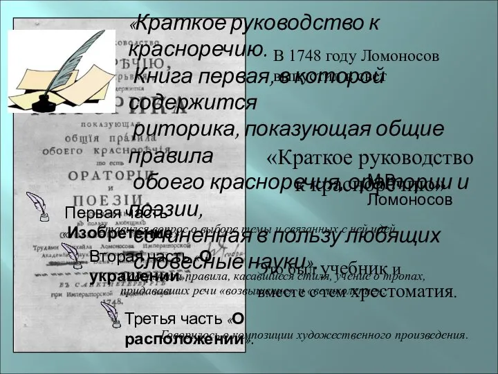 В 1748 году Ломоносов выпустил в свет «Краткое руководство к красноречию»