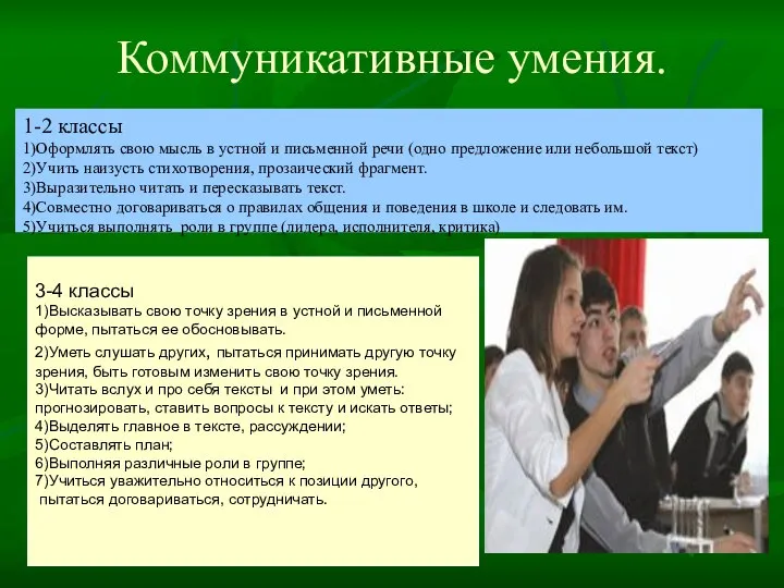 Коммуникативные умения. 1-2 классы 1)Оформлять свою мысль в устной и письменной