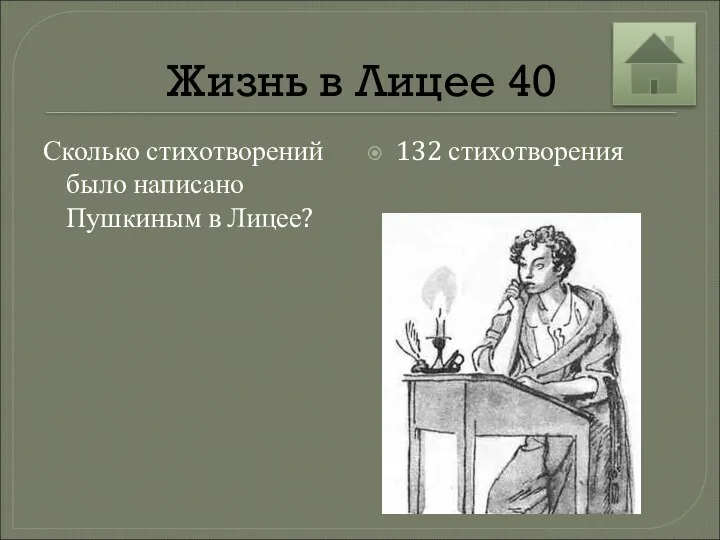 Жизнь в Лицее 40 Сколько стихотворений было написано Пушкиным в Лицее? 132 стихотворения