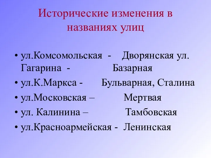 Исторические изменения в названиях улиц ул.Комсомольская - Дворянская ул.Гагарина - Базарная