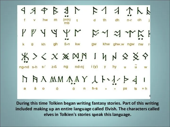 During this time Tolkien began writing fantasy stories. Part of this