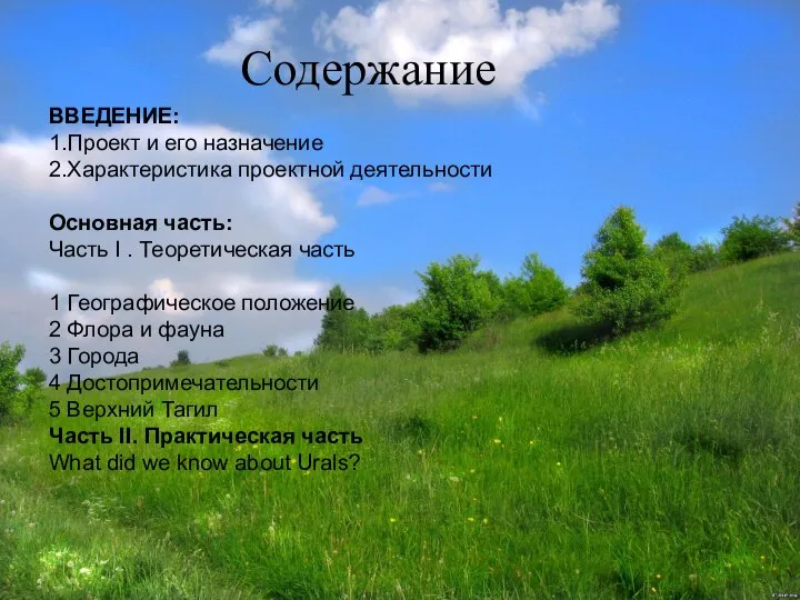 Содержание ВВЕДЕНИЕ: 1.Проект и его назначение 2.Характеристика проектной деятельности Основная часть: