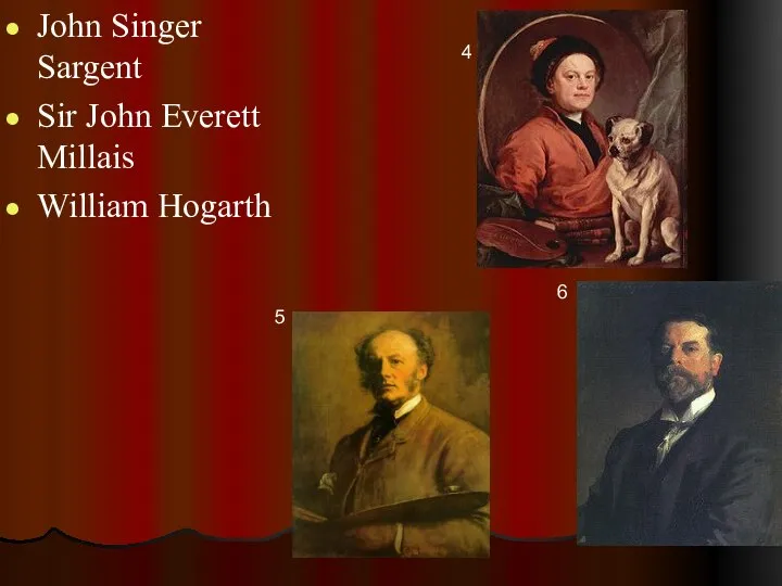 John Singer Sargent Sir John Everett Millais William Hogarth 5 6 4