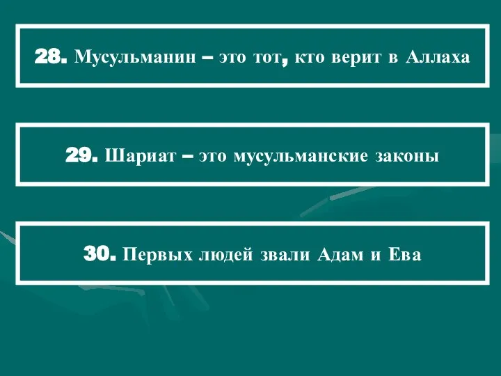 28. Мусульманин – это тот, кто верит в Аллаха 29. Шариат