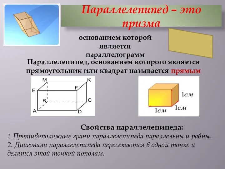 Параллелепипед – это призма Свойства параллелепипеда: 1. Противоположные грани параллелепипеда параллельны
