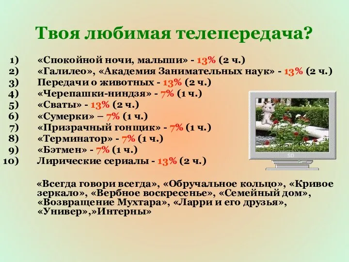 Твоя любимая телепередача? «Спокойной ночи, малыши» - 13% (2 ч.) «Галилео»,