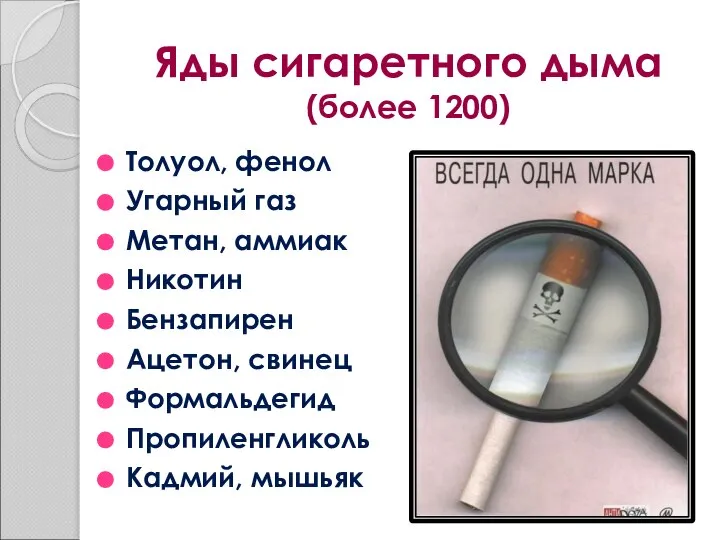 Яды сигаретного дыма (более 1200) Толуол, фенол Угарный газ Метан, аммиак