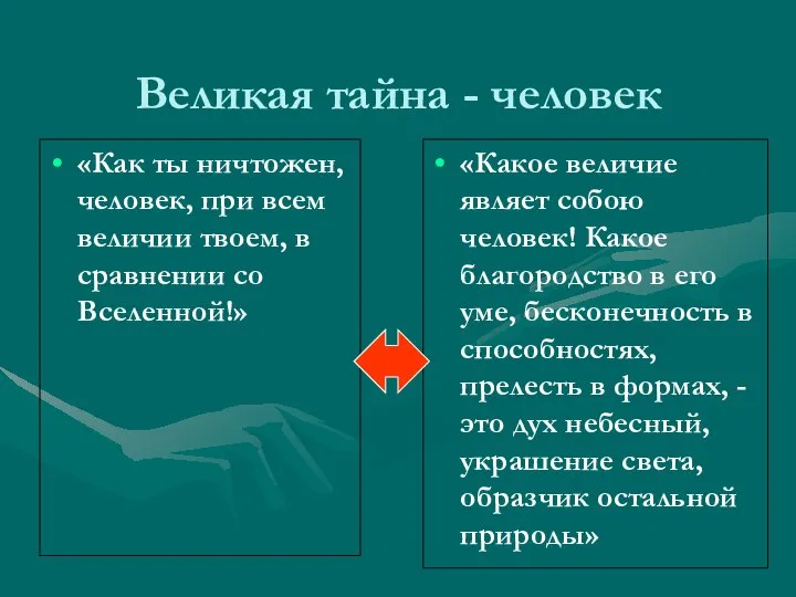 Великая тайна - человек «Как ты ничтожен, человек, при всем величии