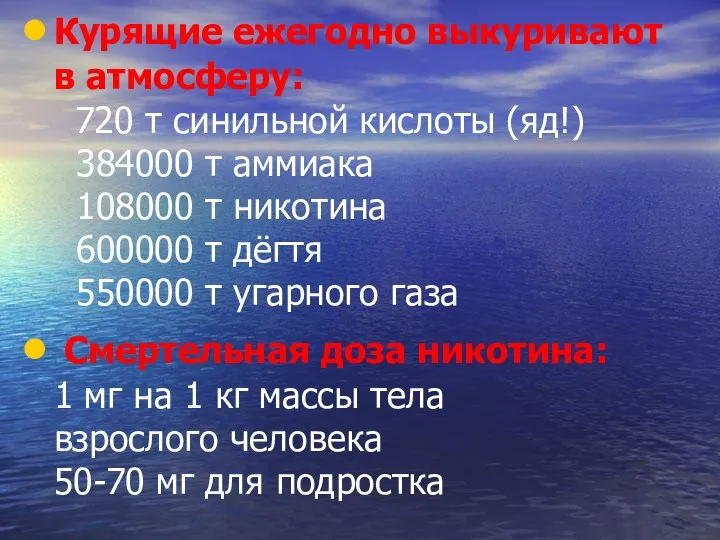 Курящие ежегодно выкуривают в атмосферу: 720 т синильной кислоты (яд!) 384000