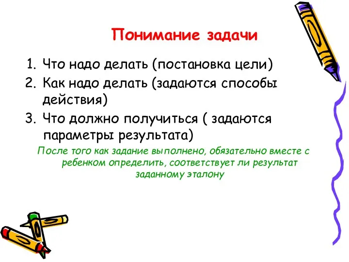 Понимание задачи Что надо делать (постановка цели) Как надо делать (задаются