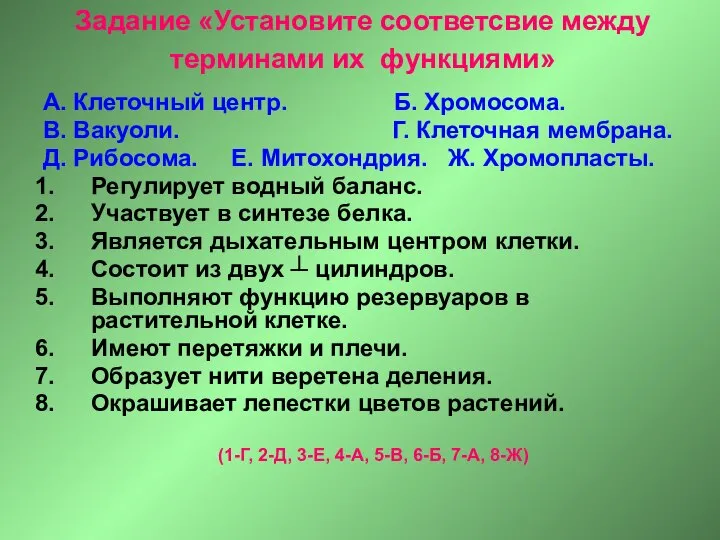 Задание «Установите соответсвие между терминами их функциями» А. Клеточный центр. Б.