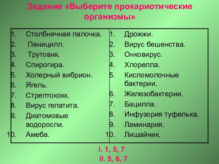 Задание «Выберите прокариотические организмы» I. 1, 5, 7 II. 5, 6, 7