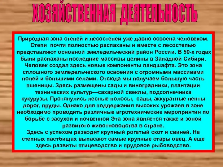 ХОЗЯЙСТВЕННАЯ ДЕЯТЕЛЬНОСТЬ Природная зона степей и лесостепей уже давно освоена человеком.