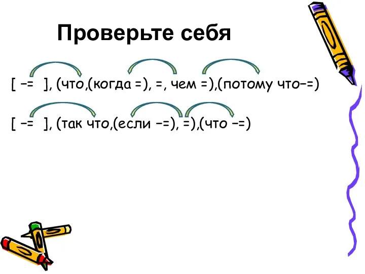 Проверьте себя [ −= ], (что,(когда =), =, чем =),(потому что−=)