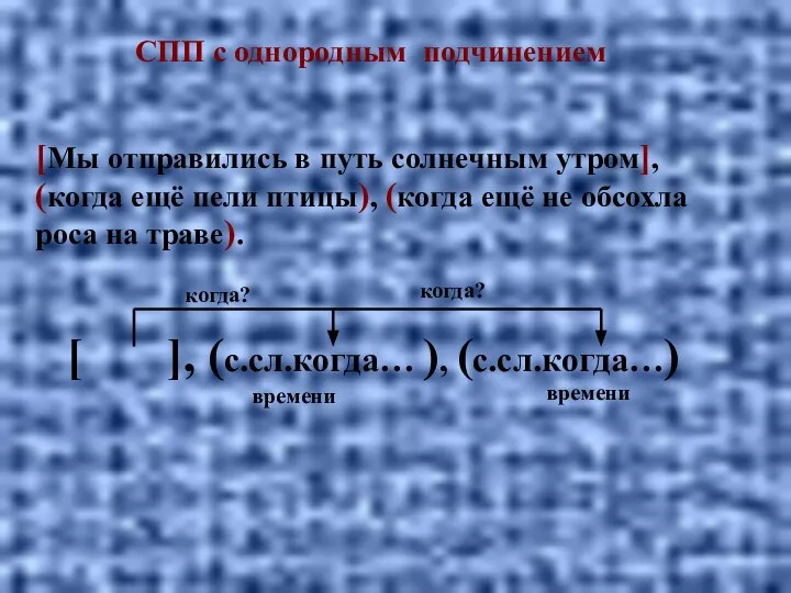 СПП с однородным подчинением [Мы отправились в путь солнечным утром], (когда