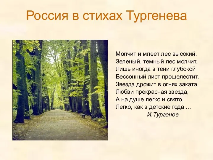 Россия в стихах Тургенева Молчит и млеет лес высокий, Зеленый, темный