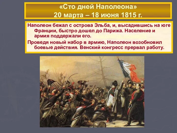 Наполеон бежал с острова Эльба, и, высадившись на юге Франции, быстро