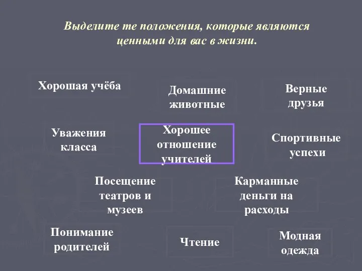 Выделите те положения, которые являются ценными для вас в жизни. Хорошая