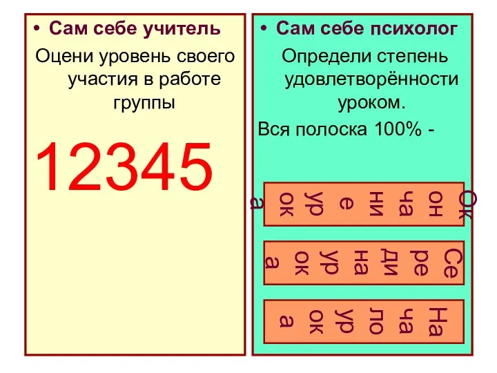 Сам себе психолог Определи степень удовлетворённости уроком. Вся полоска 100% -