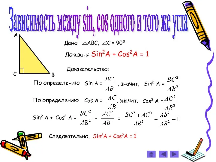 Зависимость между sin, cos одного и того же угла Доказать: Sin2A + Cos2A = 1 Доказательство: