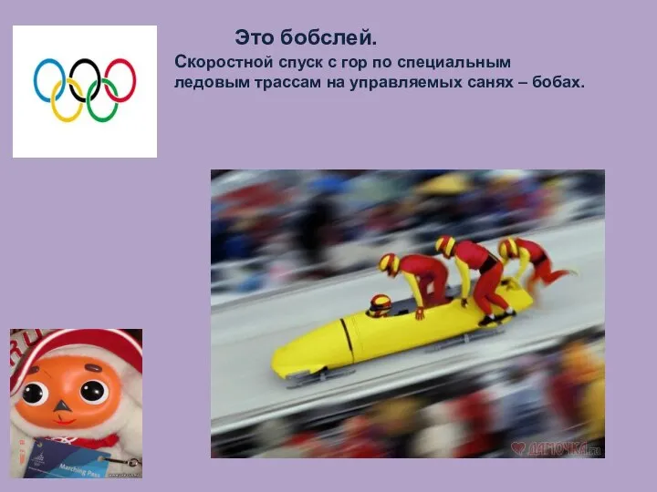 Это бобслей. Скоростной спуск с гор по специальным ледовым трассам на управляемых санях – бобах.
