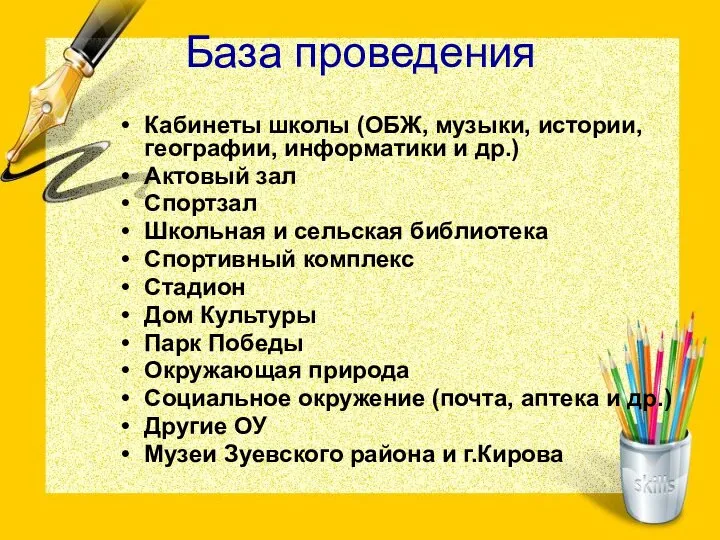 База проведения Кабинеты школы (ОБЖ, музыки, истории, географии, информатики и др.)