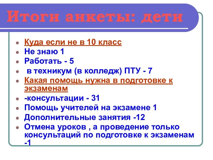 Итоги анкеты: дети Куда если не в 10 класс Не знаю