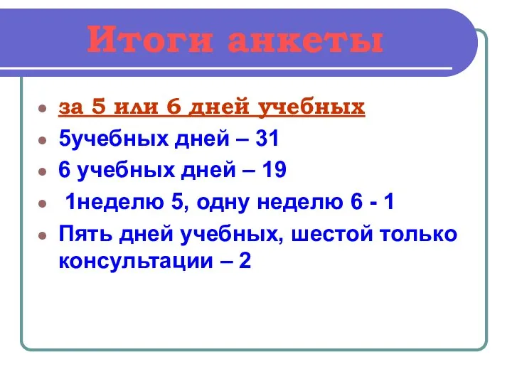 Итоги анкеты за 5 или 6 дней учебных 5учебных дней –