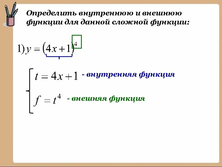 Определить внутреннюю и внешнюю функции для данной сложной функции: - внутренняя функция - внешняя функция