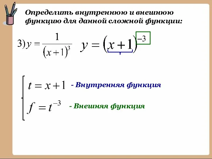 Определить внутреннюю и внешнюю функцию для данной сложной функции: - Внутренняя функция - Внешняя функция