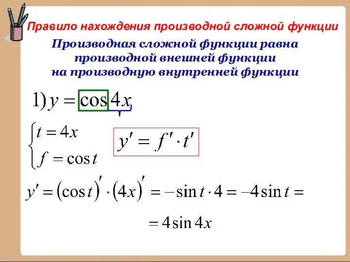 Правило нахождения производной сложной функции Производная сложной функции равна производной внешней функции на производную внутренней функции